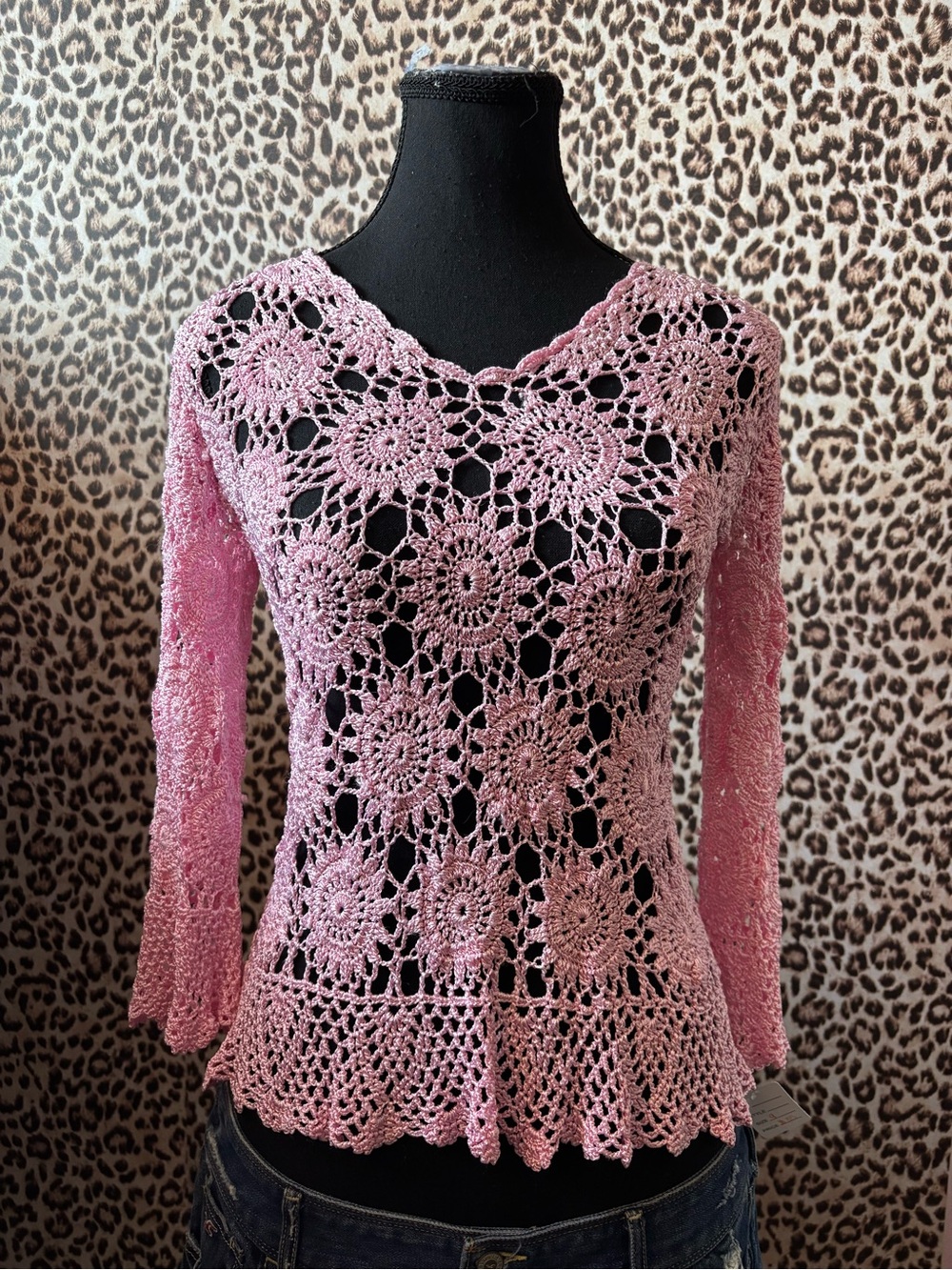 Joseph Pink Crochet Lace Long Sleeve Top